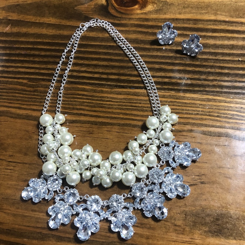 Handmade statement necklace and earring set, pearl and crystal
